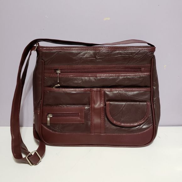 Purse Burgundy Patch Work Leather Crossbody Bag  ( 9"×12") - Picture 1 of 14